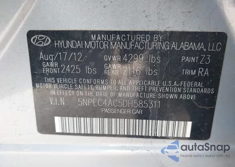 2013 Hyundai Sonata Limited z USA, uszkodzony, nr VIN 5NPEC4AC5DH585311